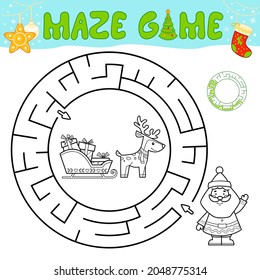 Christmas black and white maze puzzle game for children. Outline circle maze or labyrinth game with Santa claus.