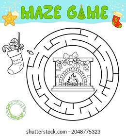 Christmas black and white maze puzzle game for children. Outline circle maze or labyrinth game with Christmas Sock and fireplace.