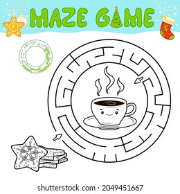Christmas black and white maze puzzle game for children. Outline circle maze or labyrinth game with Christmas cookie.