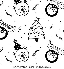 Patrón negro y blanco de Navidad con animales. Fondo de Año Nuevo estilo Doodle.