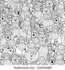 Christmas black and white seamless pattern. Great for coloring page, background, textile and fabric. Vector illustration 