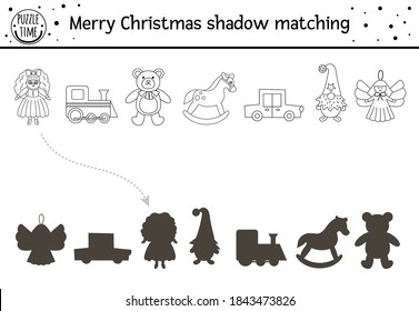 Christmas black and white shadow matching activity for children. Winter coloring page with cute toys. Educational game for kids with teddy bear. Find the correct silhouette printable worksheet