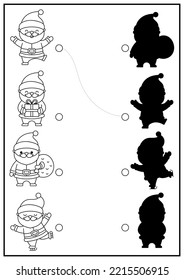 Christmas black and white shadow matching activity. Winter holiday puzzle with cute kawaii Santa Claus. Find correct silhouette printable worksheet. New Year coloring page for kids
