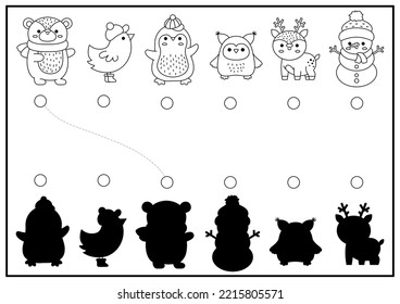 Christmas black and white shadow matching activity. Winter holiday puzzle with cute kawaii animals. Find correct silhouette printable worksheet. New Year coloring page for kids
