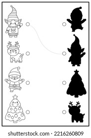 Christmas black and white shadow matching activity. Winter holiday puzzle with cute kawaii Santa Claus, elf, deer, tree. Find correct silhouette printable worksheet. New Year coloring page for kids
