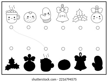 Christmas black and white shadow matching activity. Winter holiday puzzle with cute kawaii cacao, orange, mitten. Find correct silhouette printable worksheet. New Year coloring page for kids
