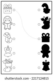 Christmas black and white shadow matching activity. Winter holiday puzzle with cute kawaii present, gingerbread man. Find correct silhouette printable worksheet. New Year coloring page for kids
