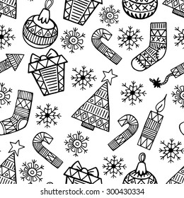 Christmas Black And White Sketch Vector Seamless Pattern