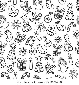 Christmas black and white sketch, vector seamless pattern. Christmas background.