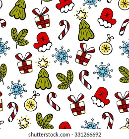 Christmas black and white sketch, vector seamless pattern. Christmas background.