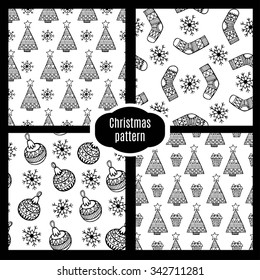 Christmas black and white sketch vector seamless pattern set. Christmas background.