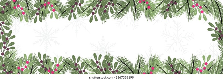 Christmas blank banner with pine branches and snowflakes in the background
