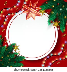 Christmas blank card with Christmas tree branches on red background. Template for Christmas or New Year banner, poster, flyers, invitation, voucher, discount, greeting cards, cover. Vector