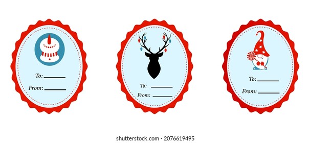 Christmas Blank Gift Tags Set. Holiday Vintage Label In Blue And Red Colors. Vector Illustrator   