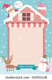 Christmas blank poster design with santa claus on roof  house and ornaments on snow background.
