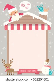 Christmas blank poster design with santa claus on roof  house and ornaments on snow  background gray color.