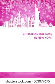 Christmas blank with silhouette of New York  and statue of liberty on pink background, white place for your text, cut paper vector illustration 

