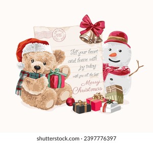 christmas bleesing letter with bear doll and snowman in christmas theme vector illustration