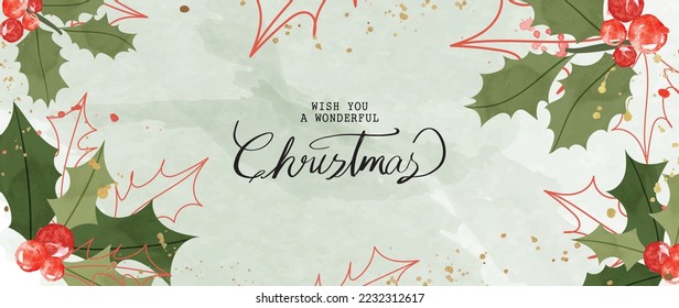 Christmas blessing card background vector illustration. Hand painted decorative watercolor holly leaf with line art, berry, gold droplet. Design for print, decoration, poster, wallpaper, banner.