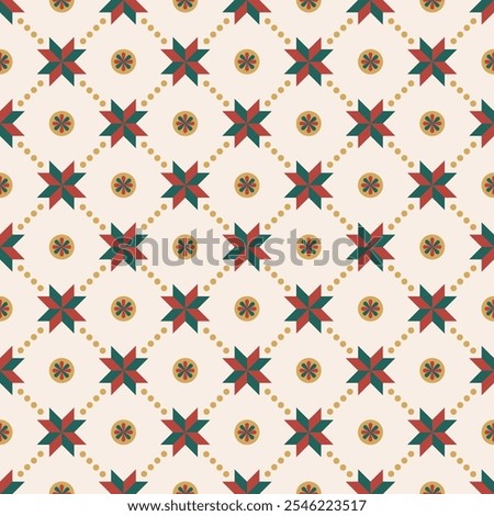 Christmas block star geometric and circle floral on beige background seamless pattern for Xmas wrapping paper, fabric and printing.