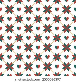 Christmas block star and red half green heart linking with golden dots, seamless pattern for wrapping paper, wallpaper and decoration on Xmas holiday.