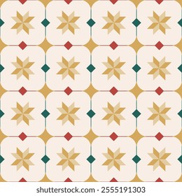 Christmas block star with sparkling and diamonds, seamless pattern for cement tile, wrapping paper, wallpaper and Xmas decoration.