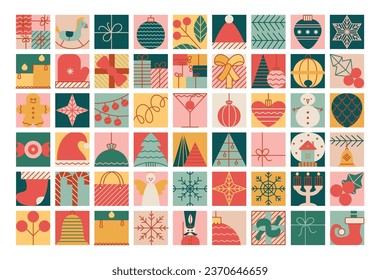 Christmas blocks with simple toys, balls, star, soldier, tree, candle. Vintage style geometric illustrations.