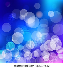 Christmas blue Background bokeh effect with defocused lights and snowflakes. Vector design EPS10