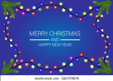 Christmas blue background for a card, with Christmas tree branches and lights, and the words "Merry Christmas and Happy New Year"
