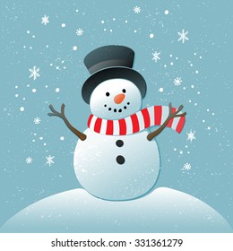 Christmas blue background with cute snowman and snowflakes. New year illustration.