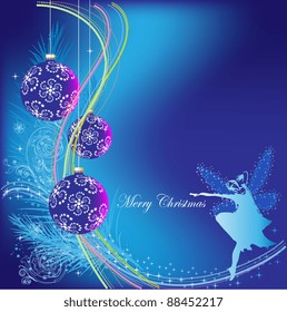 Christmas blue background with Christmas decorations, balloons and a little fairy