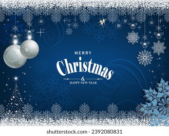 Christmas blue background with delicate white balls and shiny little Christmas tree