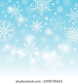 Christmas blue background with falling snow and snowflakes, magical winter sky with snowfall, fantasy shining snowy backdrop, vector illustration.