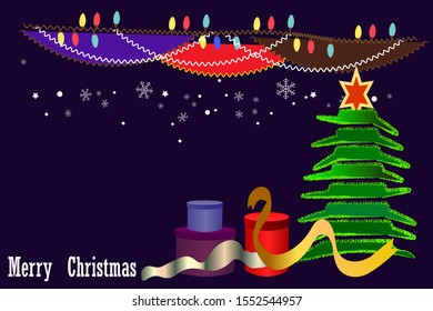 Christmas blue background festive theater scene with Christmas tree and gifts.