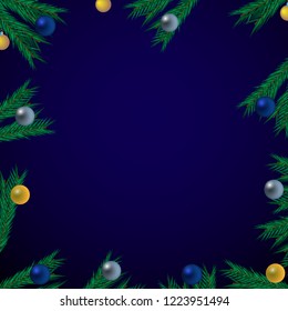 Christmas blue background with fir branches and balls