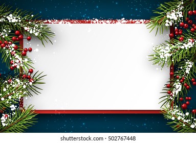 Christmas blue background with fir branches and holly. Vector illustration.