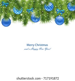 Christmas blue background with fir branches and balls with ornament, bow, sparkling lights, snowflakes. Isolated on white. Vector illustration. Christmas and New Year pattern  
