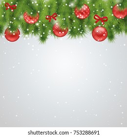 Christmas blue background with fir branches and balls with ornament, bow, sparkling lights, snowflakes. Isolated on white. Vector illustration. Christmas and New Year pattern  