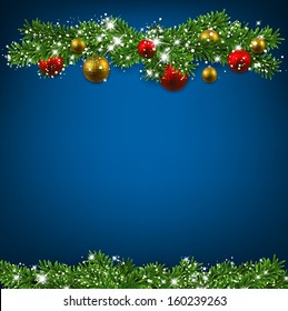 Christmas blue background with fir twigs and colorful balls. Vector illustration. 