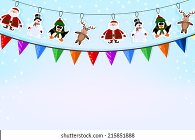 Christmas blue background with a garland of paper deer, penguin, Santa Claus and check boxes. Vector illustration. 