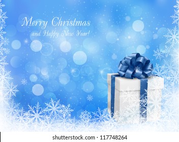 Christmas blue background with gift box and snowflake. Vector illustration.