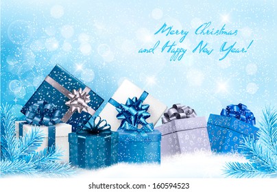 Christmas Blue Background With Gift Boxes And Snowflakes. Vector