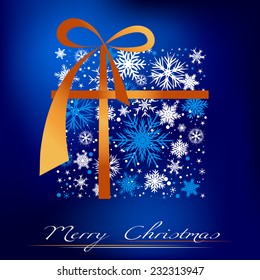 Christmas blue background with gift, and with snowflakes.