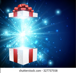 Christmas blue background with gift. Vector paper Illustration.