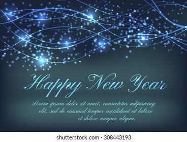 Christmas blue background with glittering waves and  sparkles. Vector background for flyer, blank, card, banner, invitation, brochure cover design template.