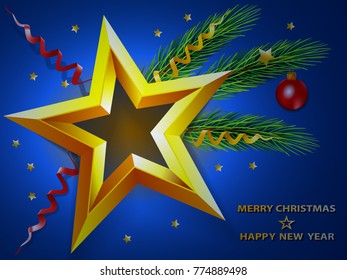 Christmas blue background with golden star on fir tree branches and decoration. Vector illustration.