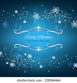 Christmas blue background for greeting card with snowflakes, vector illustration