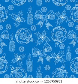 Christmas blue background hand drawn. White outlines on blue.