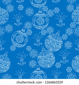 Christmas blue background hand drawn. White outlines on blue.