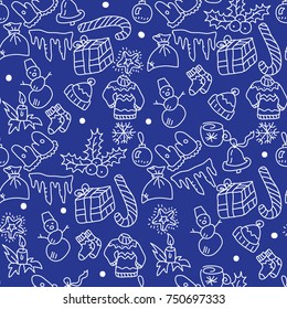 Christmas blue background hand drawn. white outlines